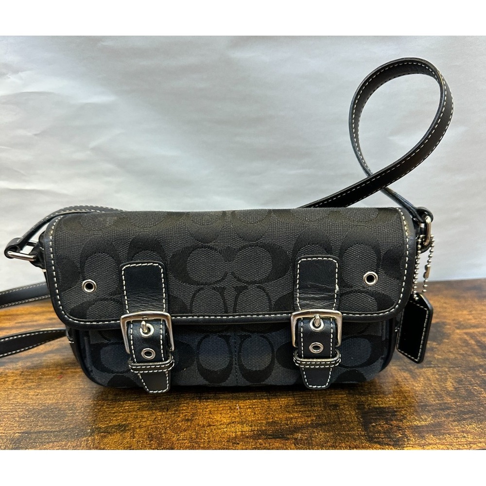 Coach Signature Mini Field Bag Black Jacquard Leather Crossbody Y2K Logo 6844 - Picture 5 of 16
